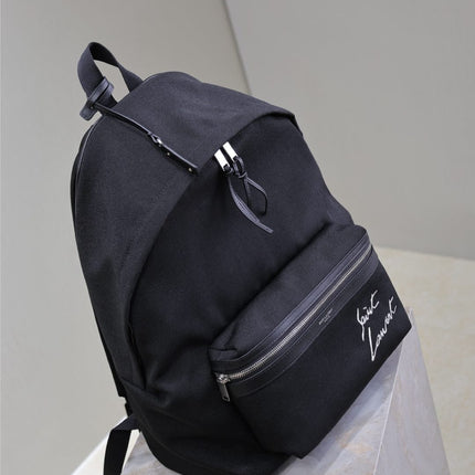 CITY BACKPACK 38 IN BLACK CANVAS WITH WHITE EMBROIDED LOGO