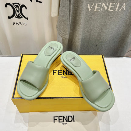 FENDI BAGUETTE MEDIUM-HEEL SANDALS 45 MM IN GREEN MINT CALFSKIN