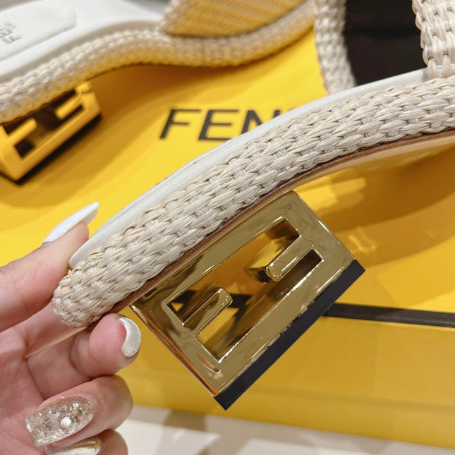 FENDI FFOLD MEDIUM-HEEL SANDALS 45 MM IN BEIGE COTTON FIBRE