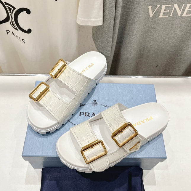PRA CROCODILE MOTIF STRAP SLIDES SANDALS WHITE CALFSKIN