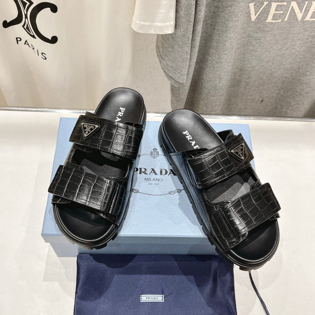 PRA CROCODILE LEATHER MOTIF SANDALS BLACK CALFSKIN