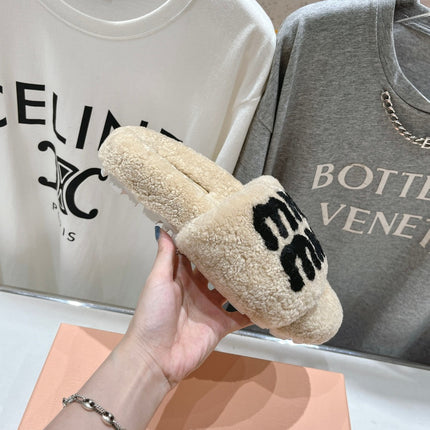 MIUMIU 26S SANDALS IN BEIGE SHEARLING WITH LOGO LETTERING