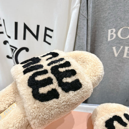MIUMIU 26S SANDALS IN BEIGE SHEARLING WITH LOGO LETTERING