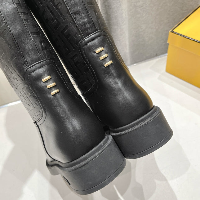 FENDI 25S HIGH BOOTS IN BLACK COWHIDE LOGO EMBOSSING
