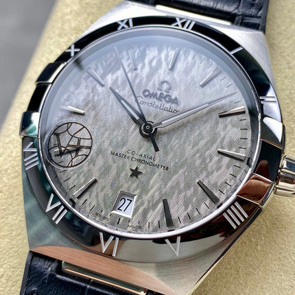 WATCH OMEGA CONSTELLATION CO AXIAL MASTER CHRONOMETER 41 MM SILVER CASE WITH BLACK LEATHER STRAP