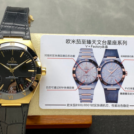 CONSTELLATION 39 MM WATCH YELLOW GOLD CASE WITH BLACK LEATHER STRAP