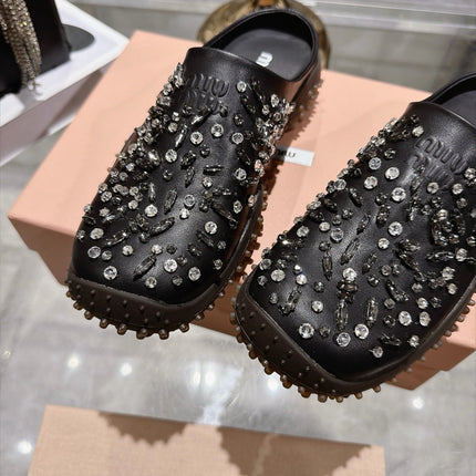 MIUMIU 26S CRYSTAL-EMBROIDERED MULES IN BLACK CALFSKIN