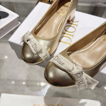 DIOR 26S BLOCK HEEL PUMPS 35MM IN GOLD CALFSKIN WITH FRONT BOW