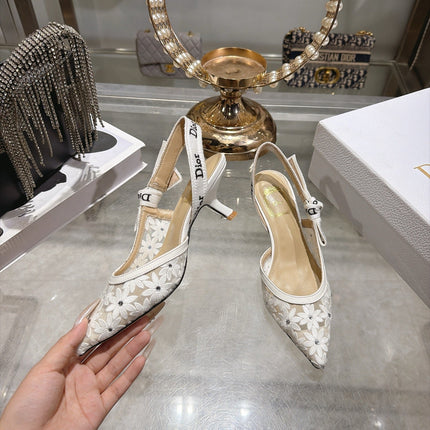 DIOR 26S POINTED TOE SLINGBACK PUMPS 40MM IN WHITE MESH EMBROIDERED FLORAL