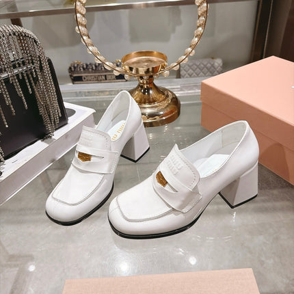 MIUMIU 26S HEEL LOAFERS 75MM IN WHITE PATENT CALFSKIN GOLD HARDWARE