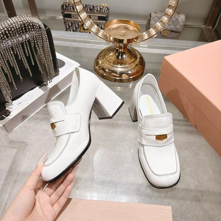MIUMIU 26S HEEL LOAFERS 75MM IN WHITE PATENT CALFSKIN GOLD HARDWARE