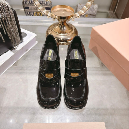 MIUMIU 26S HEEL LOAFERS 75MM IN BLACK PATENT CALFSKIN GOLD HARDWARE
