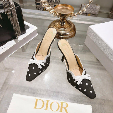DIOR 26S POINTED TOE HIGH HEEL MULES IN BLACK AND WHITE FABRIC POLKA DOT
