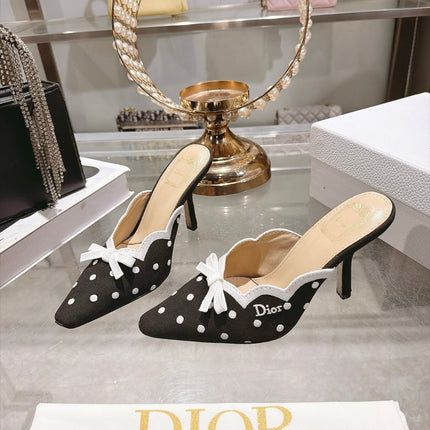 DIOR 26S POINTED TOE HIGH HEEL MULES IN BLACK AND WHITE FABRIC POLKA DOT