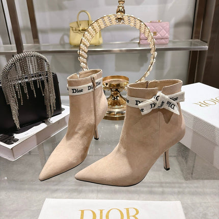 DIOR 26S STILETTO HEEL BOOTS 80MM IN BEIGE SUEDE WITH ANKLE BOW