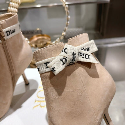 DIOR 26S STILETTO HEEL BOOTS 80MM IN BEIGE SUEDE WITH ANKLE BOW