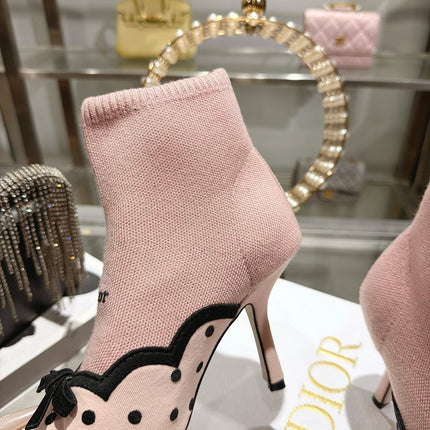 DIOR 26S POINTED TOE HIGH HEEL SOCK BOOTS 90MM IN LIGHT PINK AND BLACK KNIT FABRIC POLKA DOT