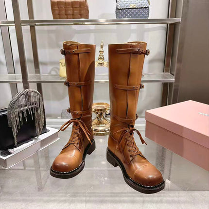 MIUMIU 26S ARMY BOOTS 40MM IN TAN BROWN CALFSKIN SILVER HARDWARE