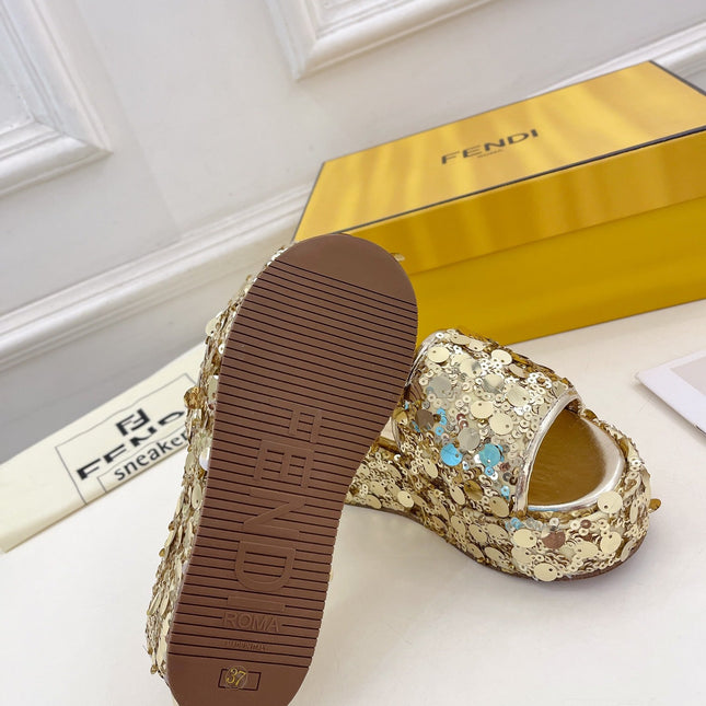 FENDI THICK SOLE 6 CM SEQUIN SLIPPER GOLD