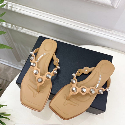 RHODES STUDDED THONG SANDALS IN BROWN CALFSKIN