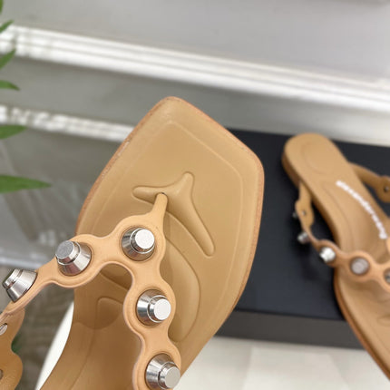RHODES STUDDED THONG SANDALS IN BROWN CALFSKIN