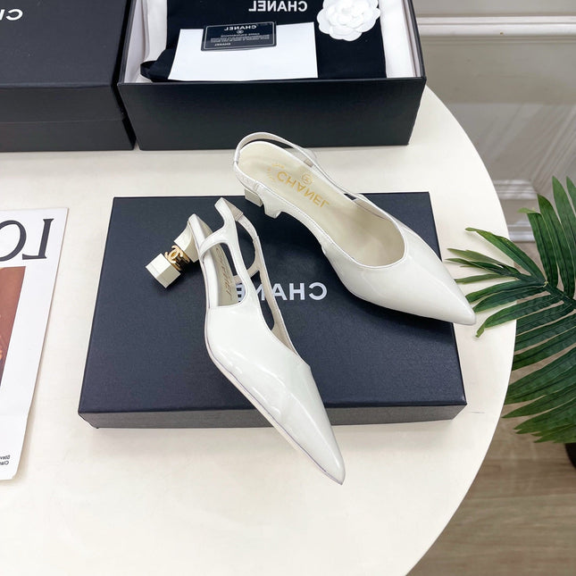 CHANEL 26S POINTED TOE HIGH HEELS 55 MM IN WHITE PATENT LAMBSKIN