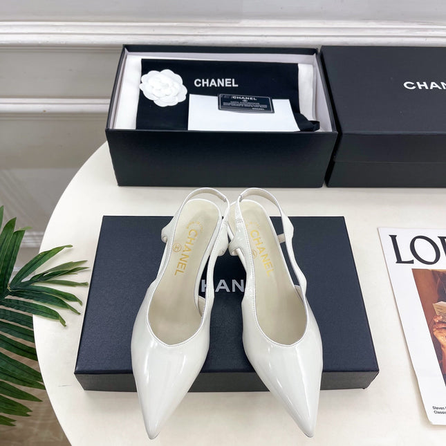 CHANEL 26S POINTED TOE HIGH HEELS 55 MM IN WHITE PATENT LAMBSKIN