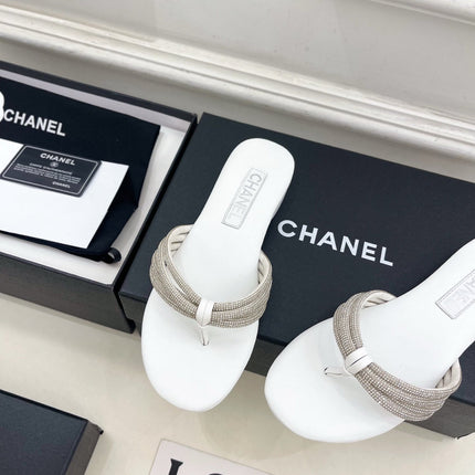 CHANEL 26S THONG SANDALS IN WHITE WITH CRYSTAL EMBELLISHED STRAPS