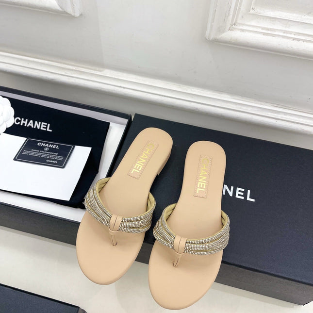 CHANEL 26S THONG SANDALS IN BEIGE WITH CRYSTAL-EMBELLISHED STRAPS