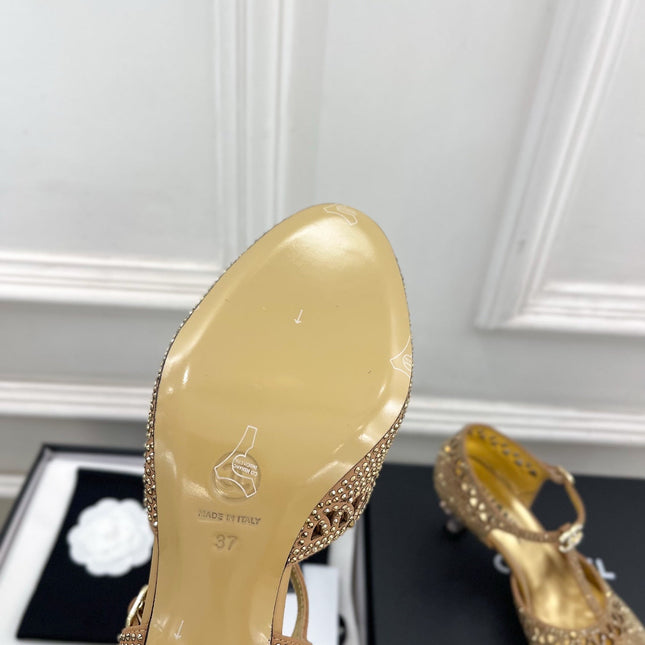 CHANEL 26S HIGH HEELS 65 MM IN GOLD WITH CRYSTAL EMBELLISHMENTS