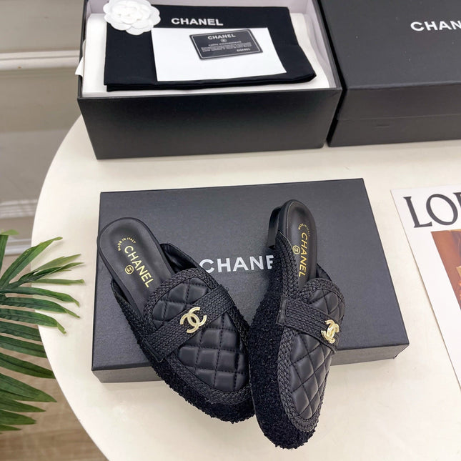 CHANEL 26S MULES IN BLACK LAMBSKIN AND TWEED