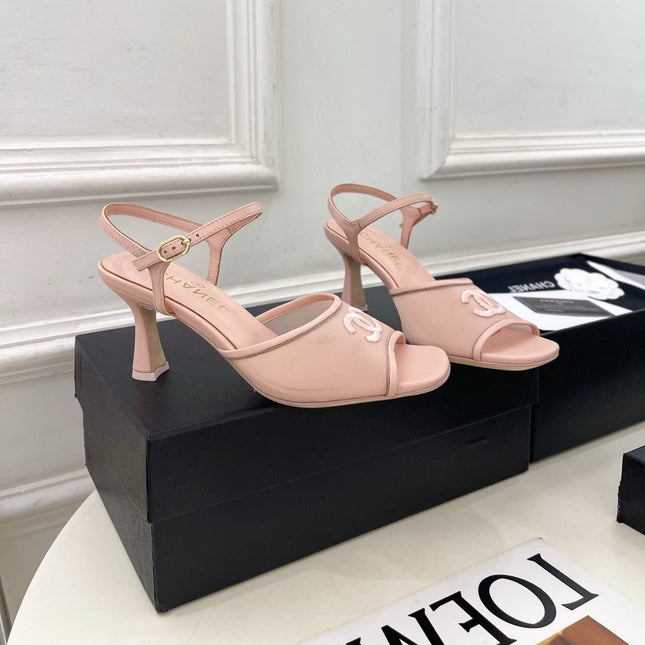 CHANEL 26S HIGH HEEL SLINGBACK SANDALS 70 MM IN LIGHT PINK MESH