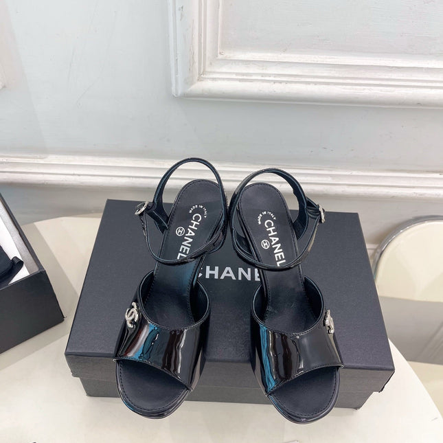 CHANEL 26S HIGH HEEL SLINGBACK SANDALS 90 MM IN BLACK PATENT