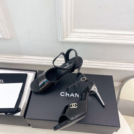 CHANEL 26S HIGH HEEL SLINGBACK SANDALS 90 MM IN BLACK PATENT