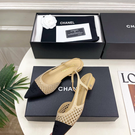 CHANEL 26S FLAT POINTED TOE SLINGBACK IN BEIGE MESH WITH BLACK TOE CAP