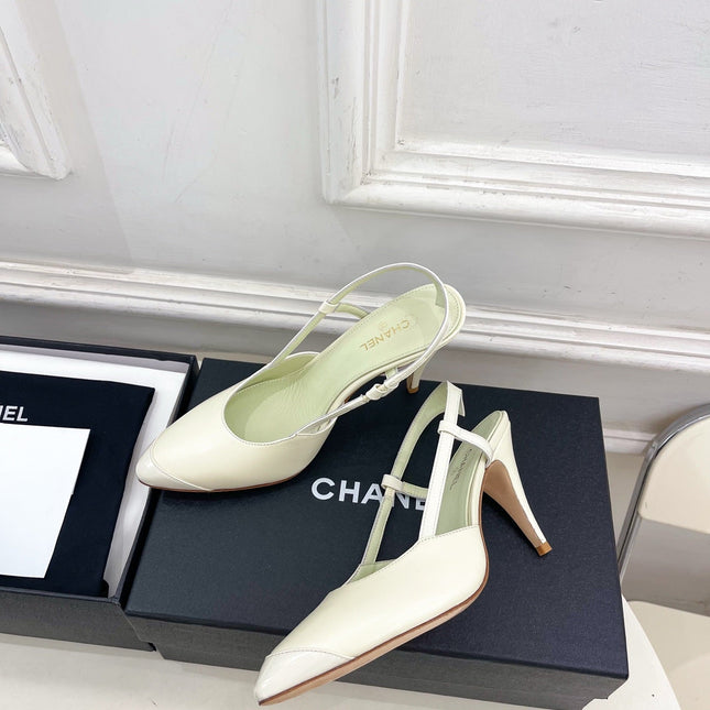CHANEL 26S POINTED TOE SLINGBACK PUMPS 90 MM IN WHITE LAMBSKIN