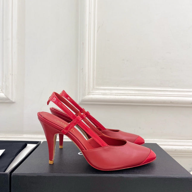 CHANEL 26S POINTED TOE SLINGBACK PUMPS 90 MM IN RED LAMBSKIN