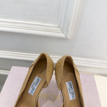 JIMMY CHOO 26S HIGH HEELS 100 MM IN DARK BEIGE CALFSKIN WITH ROUND STUDS