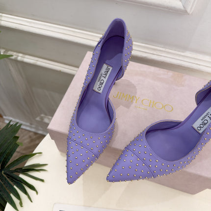 JIMMY CHOO 26S HIGH HEELS 100 MM IN PURPLE CALFSKIN WITH ROUND STUDS