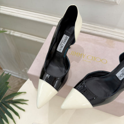 JIMMY CHOO 26S HIGH HEELS 100 MM IN CREAM WHITE AND BLACK SHINY CALFSKIN