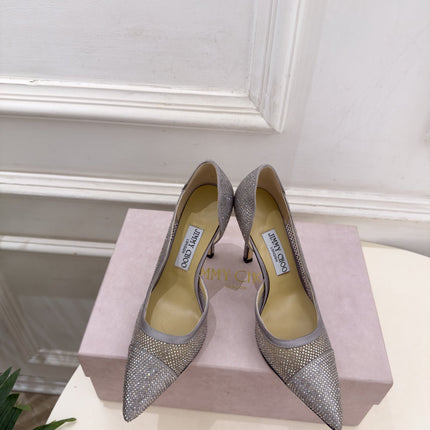 JIMMY CHOO 26S HIGH HEELS 100 MM IN GREY MESH FULLY EMBELLISHED WITH CRYSTALS