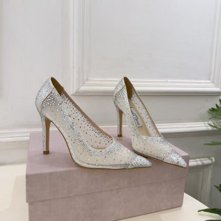 JIMMY CHOO 26S HIGH HEELS 100 MM IN OFF WHITE MESH CRYSTAL-EMBELLISHED