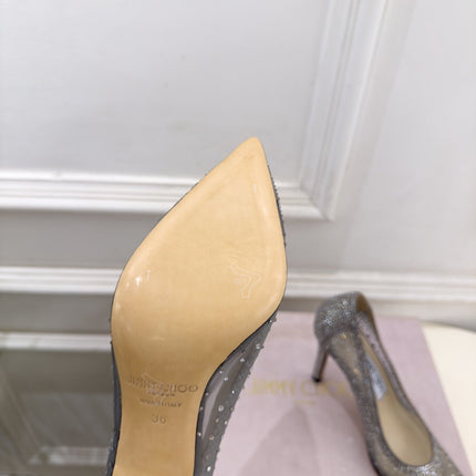 JIMMY CHOO 26S HIGH HEELS 100 MM IN GREY MESH CRYSTAL-EMBELLISHED