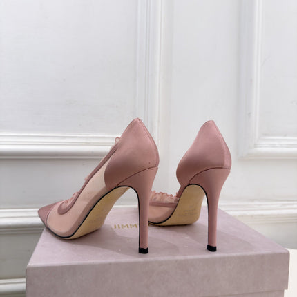 JIMMY CHOO 26S POINTED-TOE HEELS 100 MM IN LIGHT PINK SATIN AND MESH
