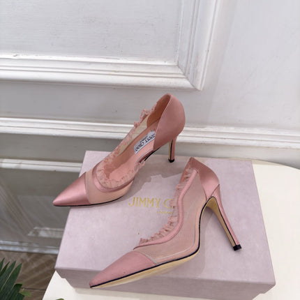 JIMMY CHOO 26S POINTED-TOE HEELS 100 MM IN LIGHT PINK SATIN AND MESH