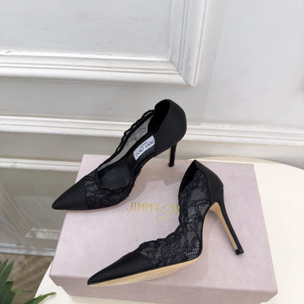 JIMMY CHOO 26S POINTED-TOE HEELS 100 MM IN BLACK SATIN AND LACE