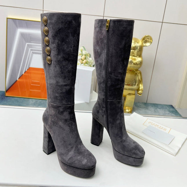 BALMAIN 26S HIGH BOOTS 115 MM IN DARK GREY SUEDE
