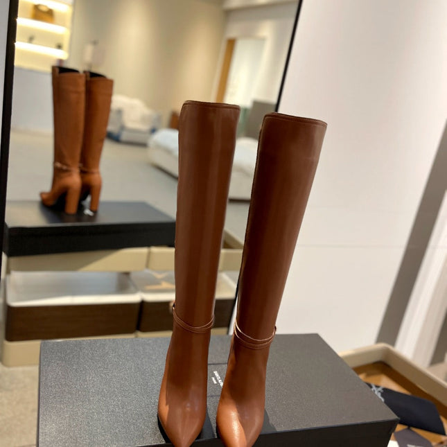 YSL 25S HIGH-HEEL KNEE-HIGH BOOTS 95 MM IN RUST BROWN LAMBSKIN