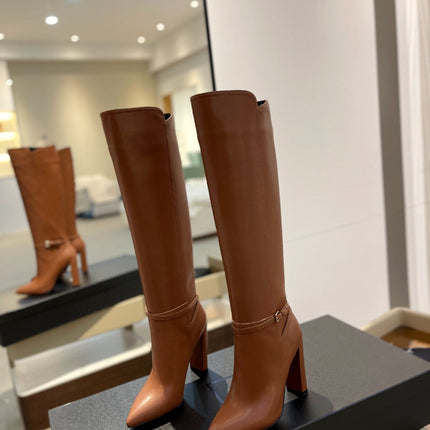 YSL 25S HIGH-HEEL KNEE-HIGH BOOTS 95 MM IN RUST BROWN LAMBSKIN