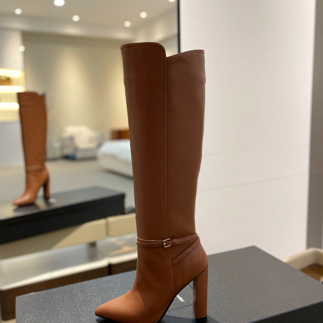 YSL 25S HIGH-HEEL KNEE-HIGH BOOTS 95 MM IN RUST BROWN LAMBSKIN